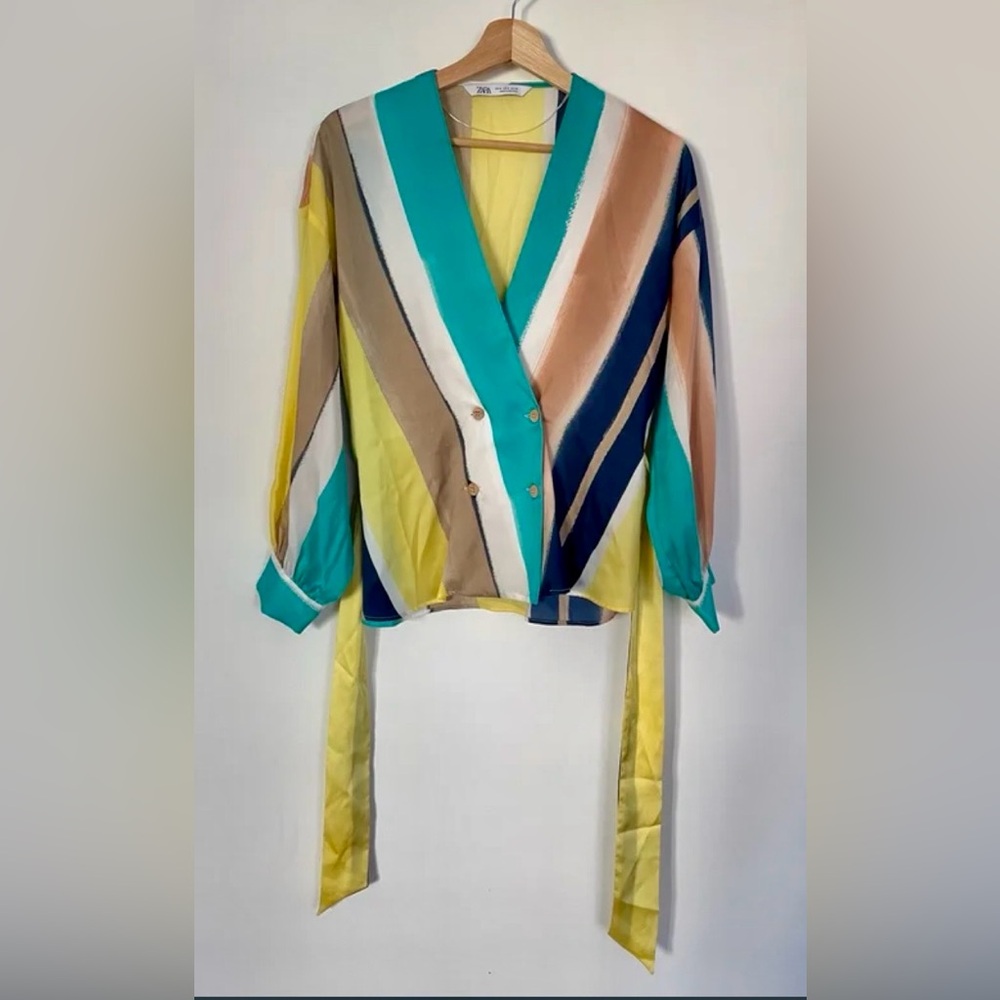 Zara NWOT Multicolor Striped Wrap Flowy Blouse W/Belt. Long Sleeves. Size Small. - Picture 8 of 12